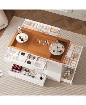 Closet Island with Drawers, Glass Top, Shelves, Jewelry Storage - White