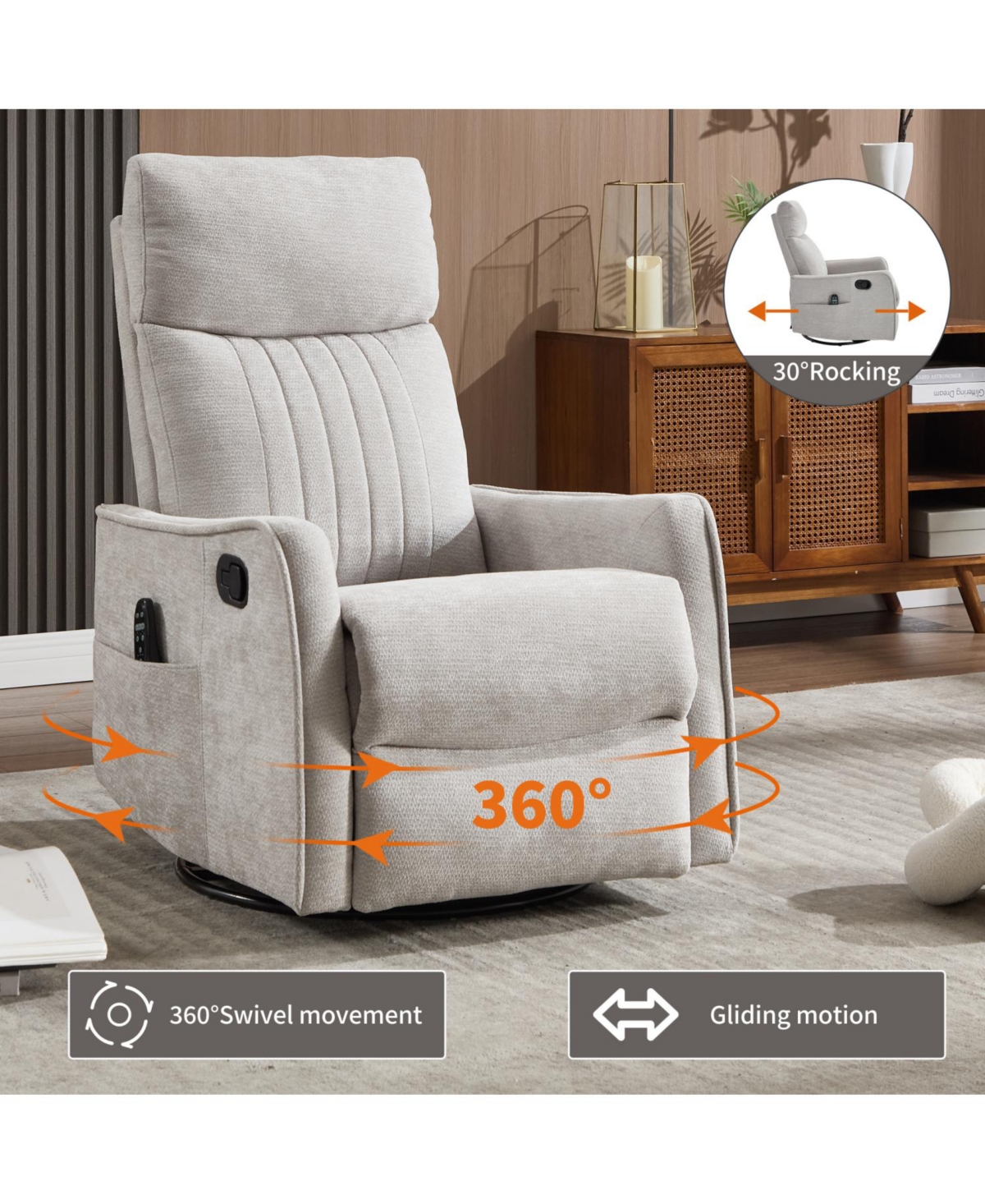 Streamdale Furniture Streamdale Light Grey Heat Massage Rocker Swivel Recliner