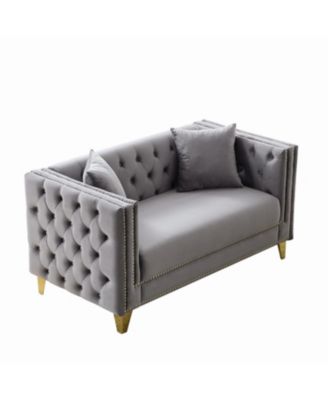 58" Chesterfield Velvet Sofa, 2 Seater, Button Nailhead, Square Arm - Grey