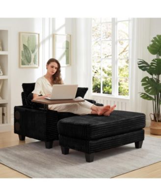 Corduroy Sofa Bed with Ottoman, Bluetooth, USB, Rotating Table