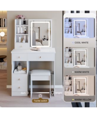 + 3-Piece Set + Wood + LED Mirror + Vanity Table