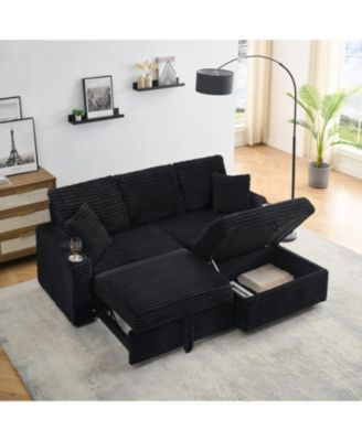  80" Corduroy Sofa with Reclining, Cup Holders & Removable Footstool, Black