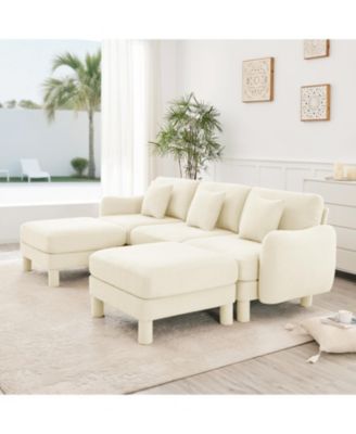 Boucle U-Shape Sectional Sofa with Ottomans & Shell Armrests, Beige