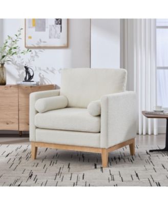35.4" Wide Ivory Boucle Accent Chair with Wood Legs