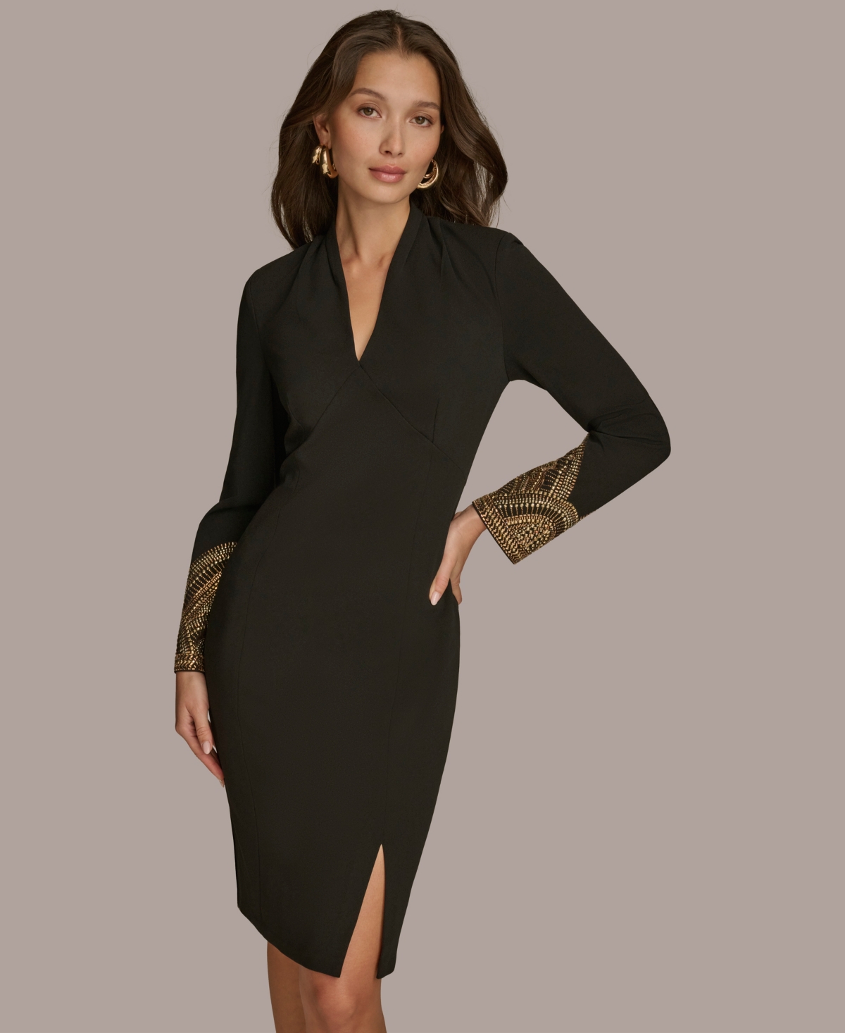 Donna Karan New York Women's Long Sleeve V-neck Hot Fix Sheath Midi Dress