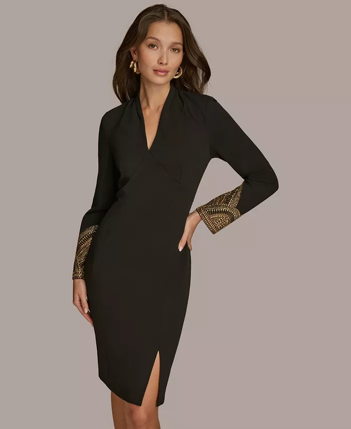 Women's Long-Sleeve V-Neck Hot Fix Sheath Midi Dress - thumbnail 3