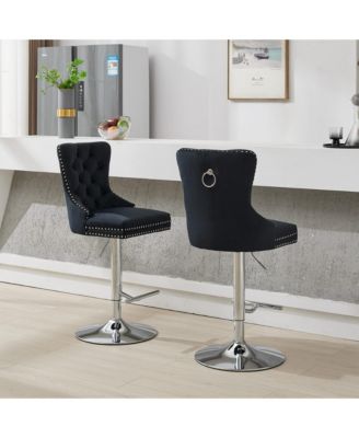 Chrome Swivel Velvet Barstools, Adjustable 25-33", Tufted, Black, Set of 2