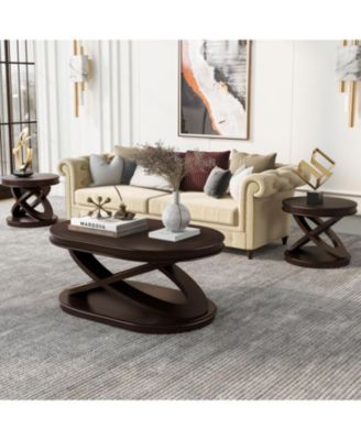 Retro Coffee Table Set - Oval Coffee & Round End Tables - Espresso