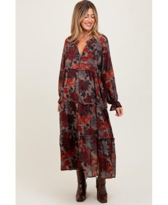 Maternity Beige Floral Chiffon Ruffle Tiered Midi Dress