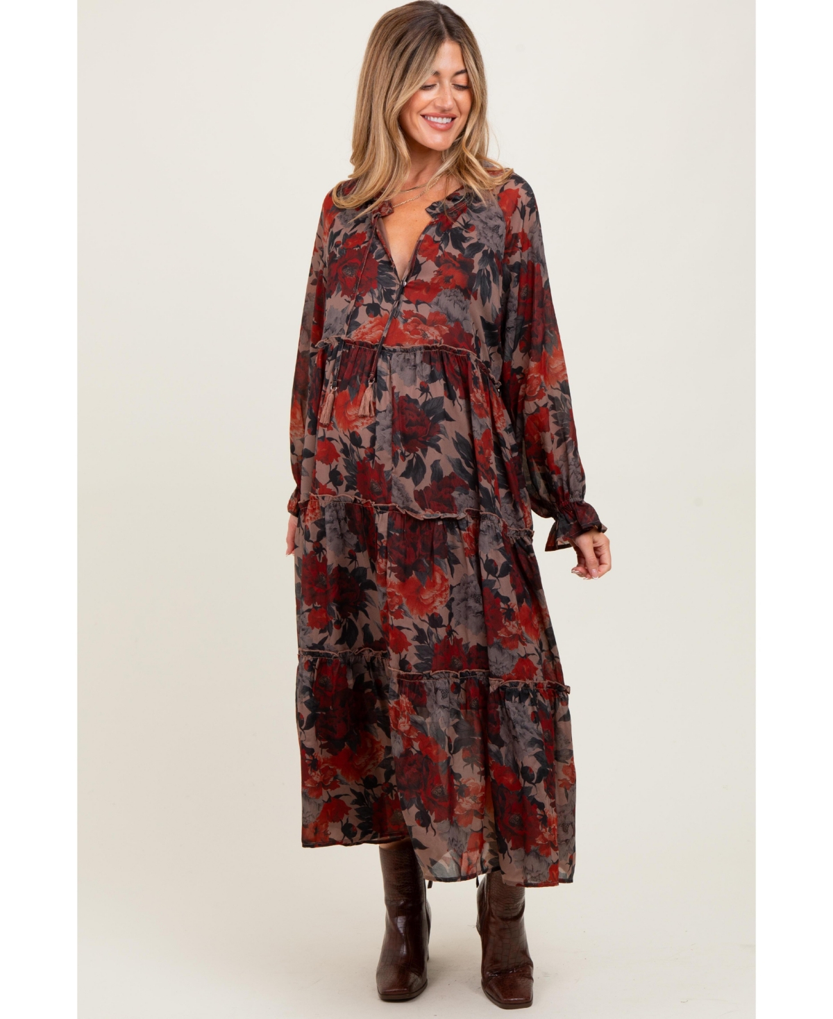 Pinkblush Maternity Floral Chiffon Ruffle Tiered Midi Dress