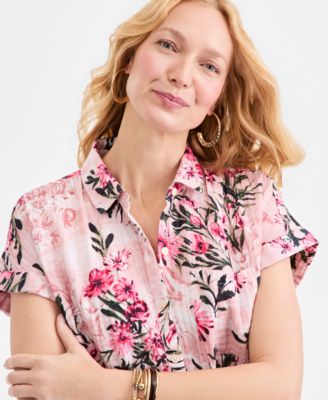 Women's Cotton Gauze Short-Sleeve Button Up Shirt