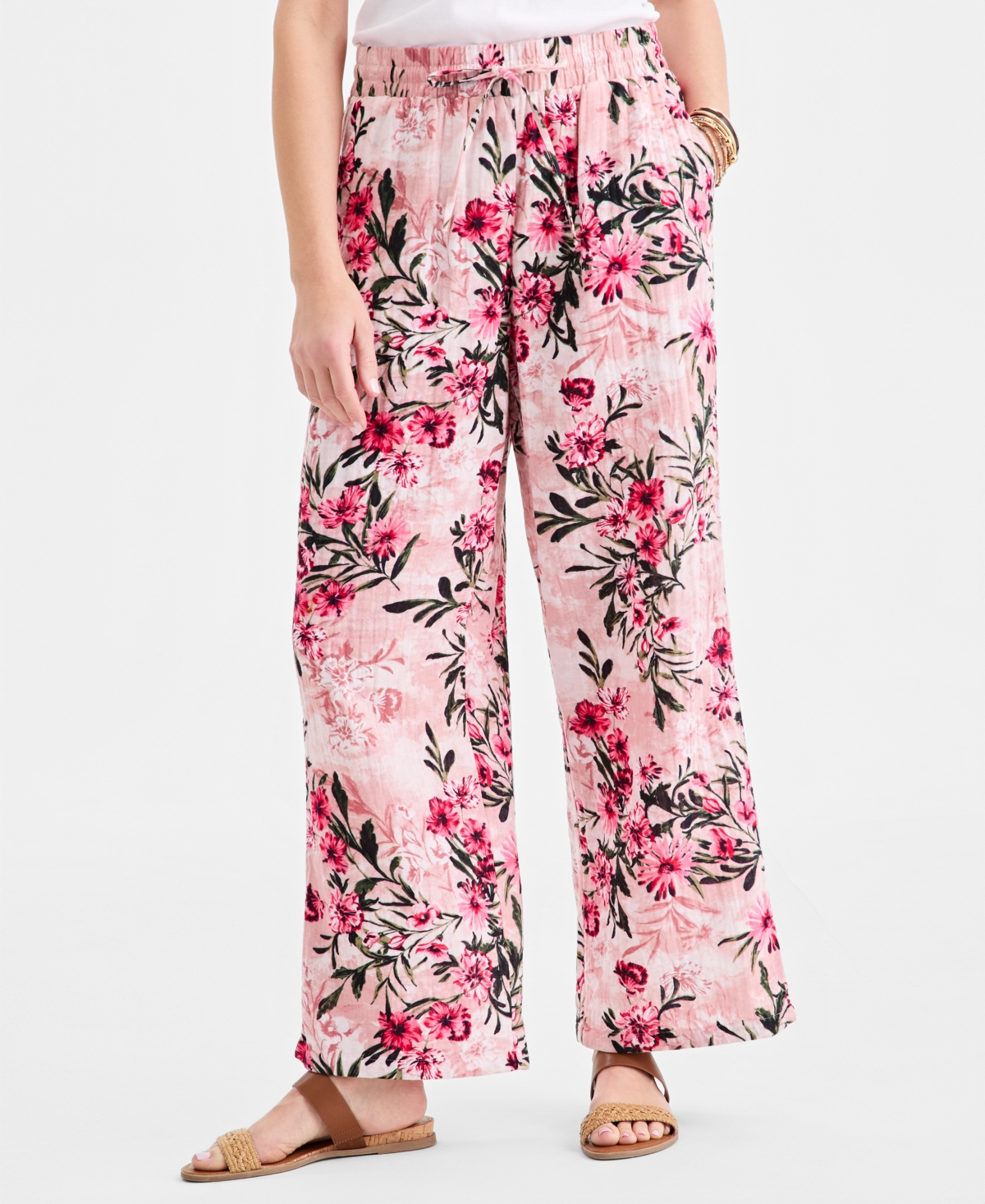 Style & Co Women's Printed Cotton Gauze Straight-Leg Pull-On Pants, Macy's Exclusive