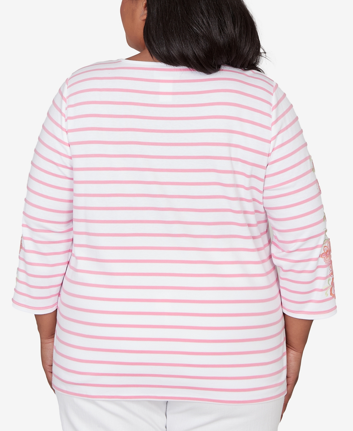 Alfred Dunner Plus Classic Stripe Embroidered Sleeve Top with Necklace