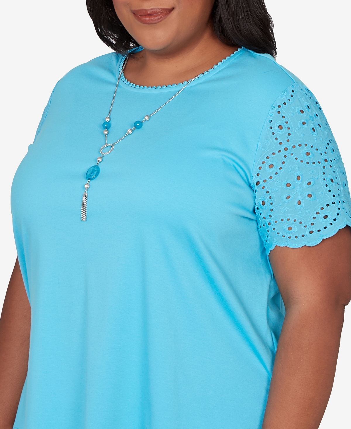 Alfred Dunner Plus Classic Solid Eyelet Sleeve T-Shirt with Necklace
