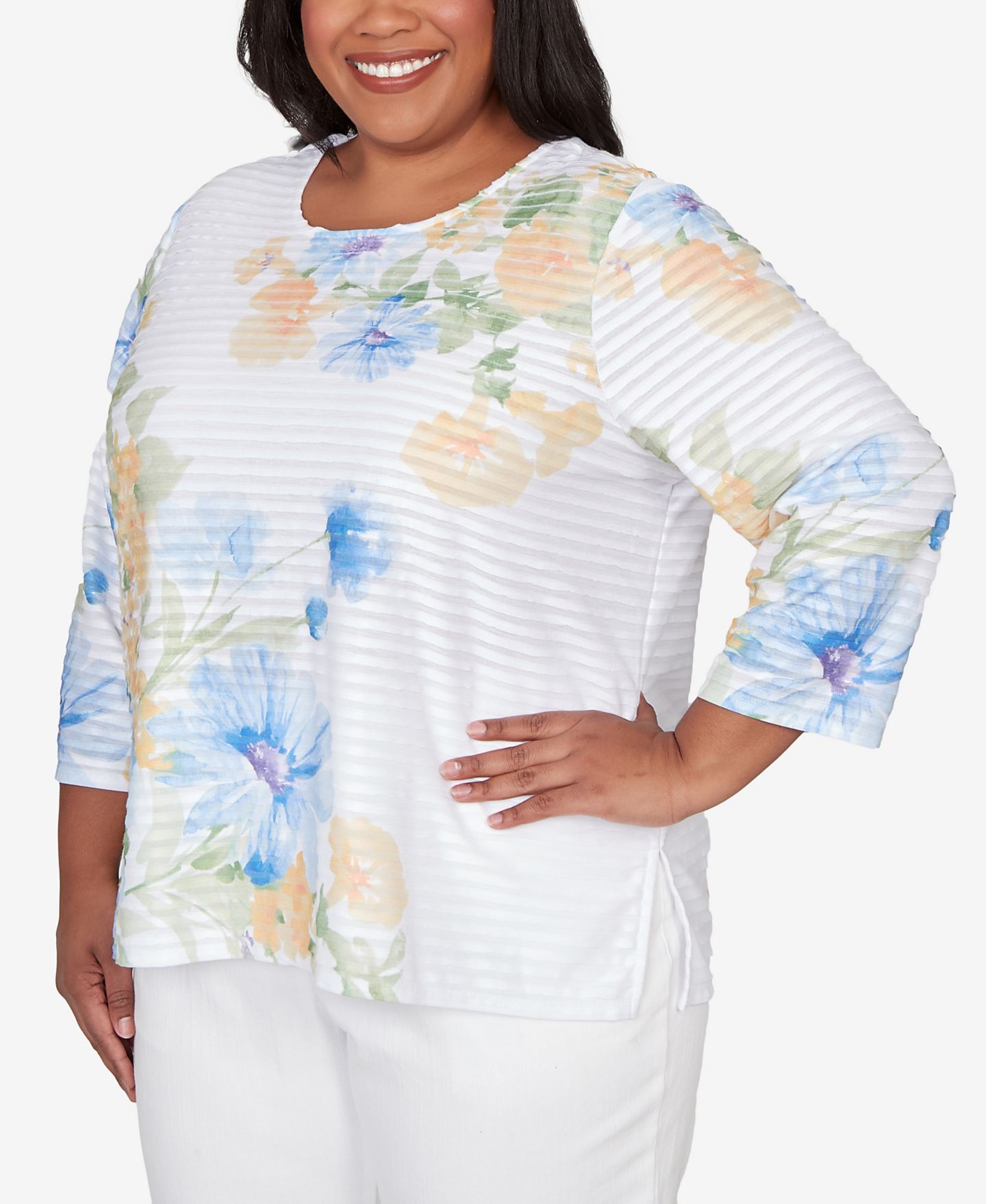 Женский топ Alfred Dunner Plus Size Classic Placed Floral Stripe, цвет: Разноцветный жёлтый — фото 2
