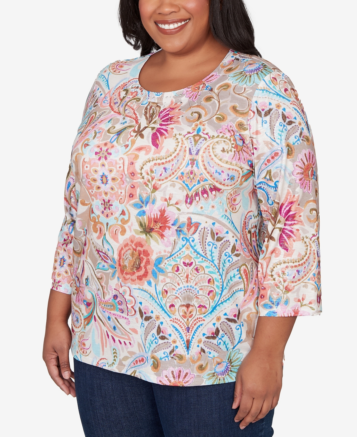 Alfred Dunner Plus Classic Paisley Floral Pleated Neck Top