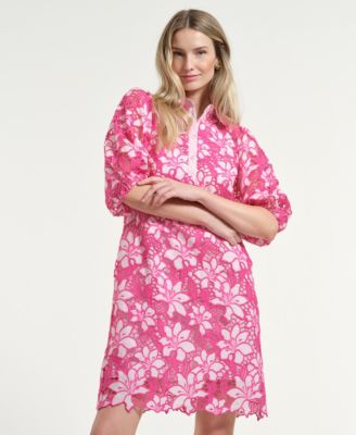 Women's Eyelet Blouson Collared Neck Dress