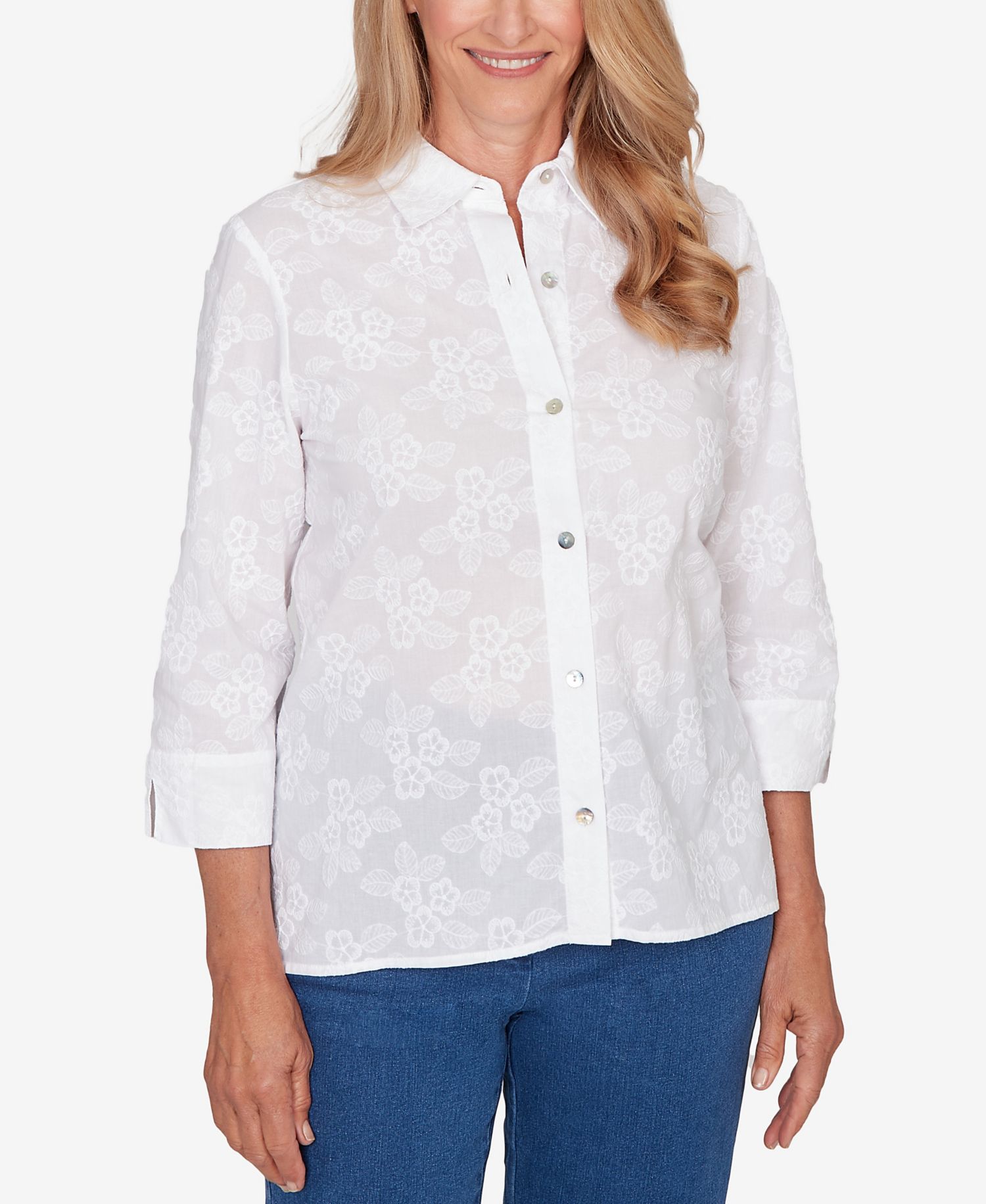 Women's Classic Collared Flower Embroidered Button Down Top