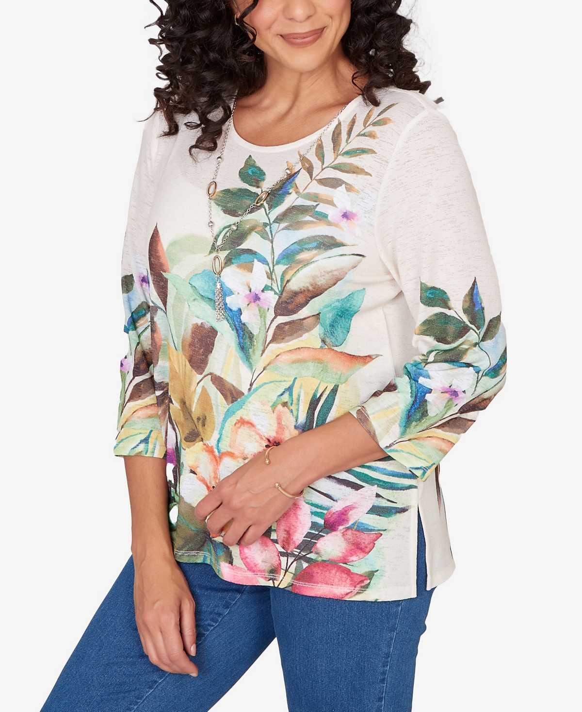 Alfred Dunner Women's Classic Tropical Print Top with Necklace