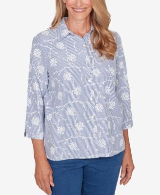 Women's Classic Puff Print Pinstripe Embroidered Button Down Top