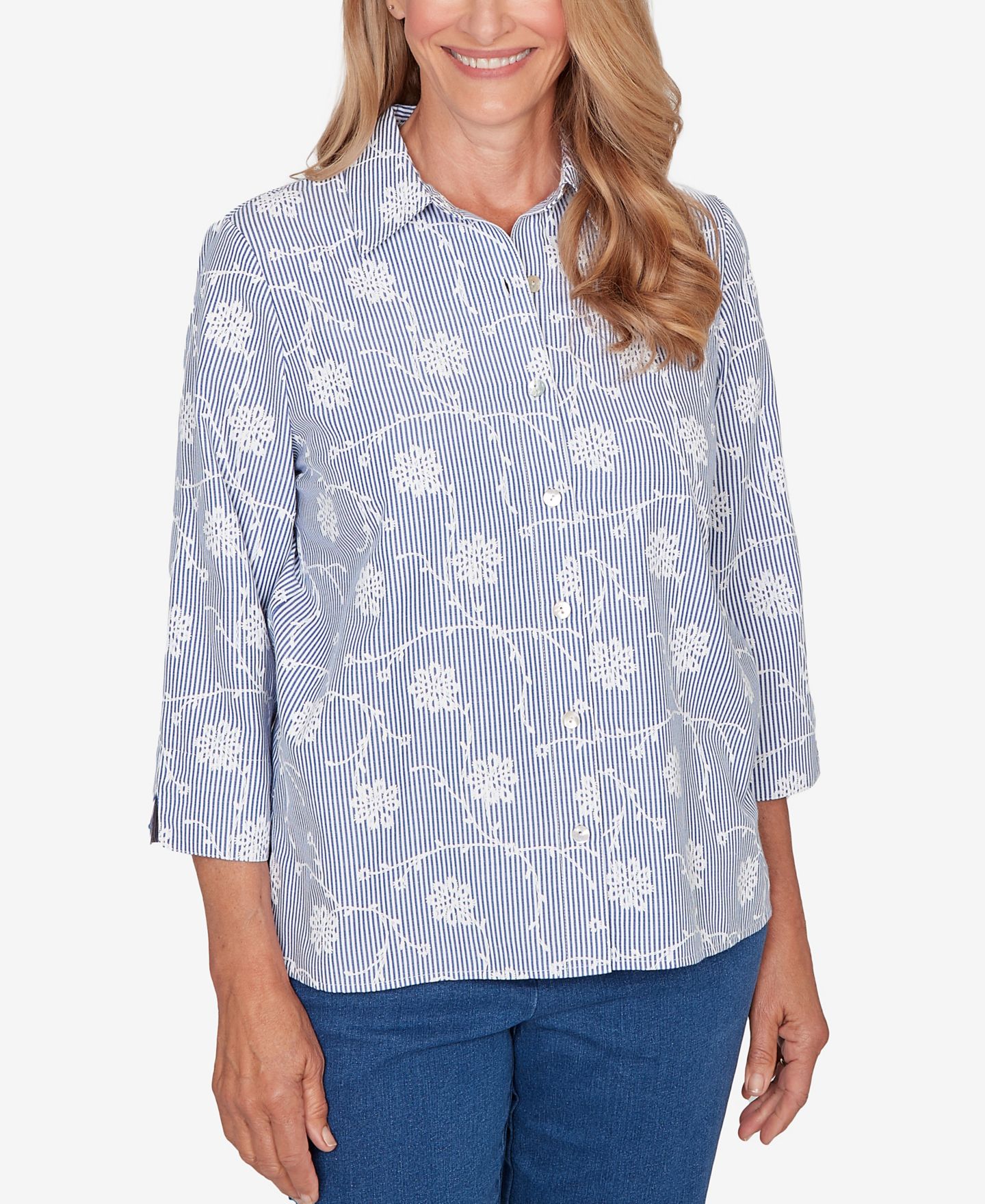 Женский топ Alfred Dunner Classic Puff Print Pinstripe Embroidered Button Down, цвет: Синий — фото 1