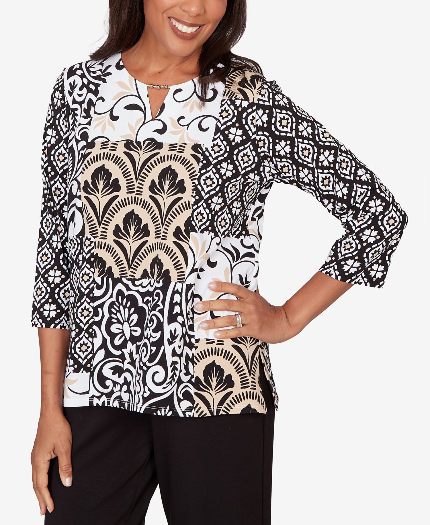 Women's Classic Geometric Scroll Patchwork Split Neck Top