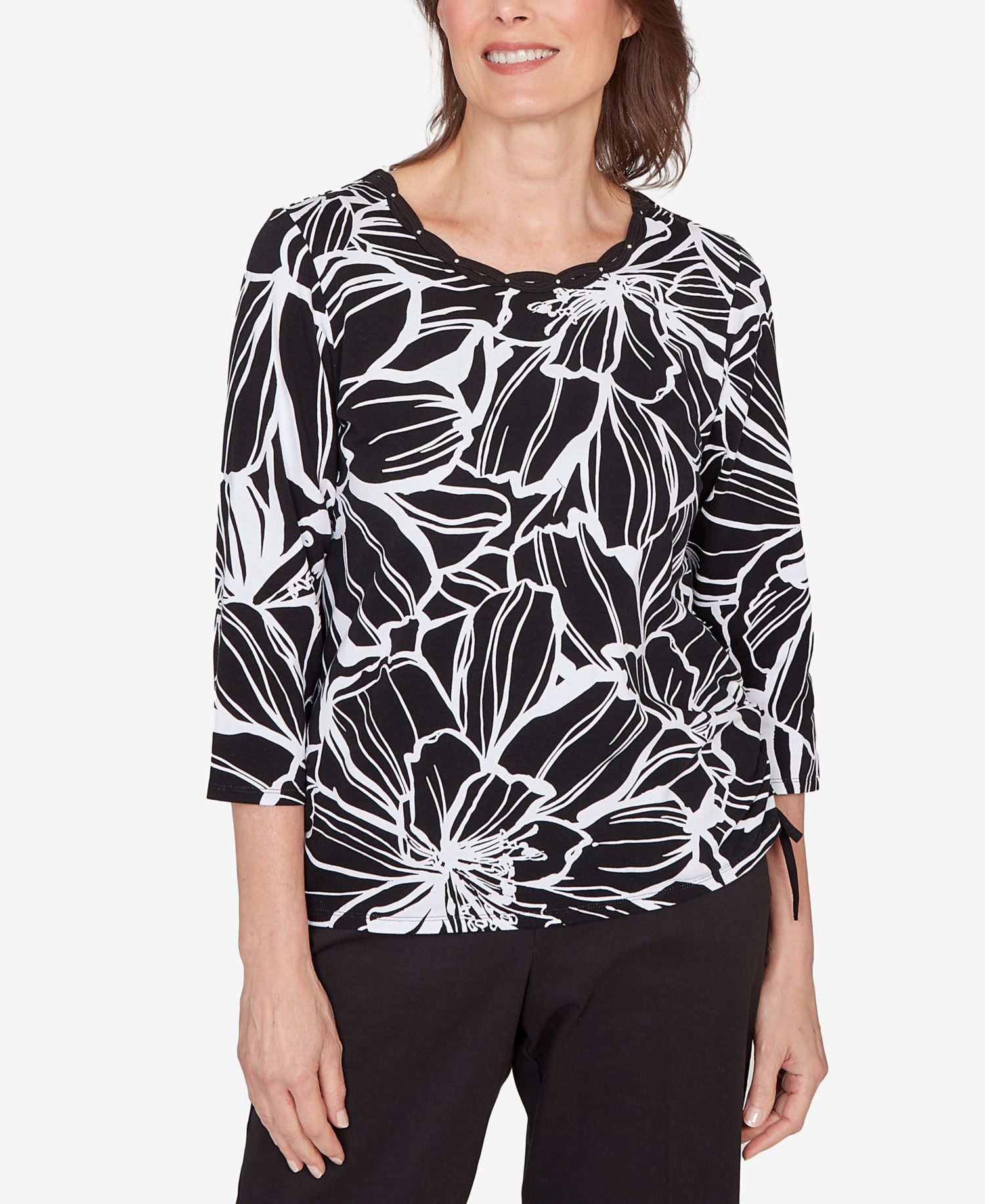 Women's Classic Floral Linework Side Tie Ruched Top