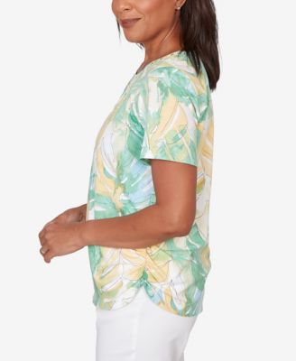 Women's Tropical Leaf Beaded Neck Ruched T-Shirt