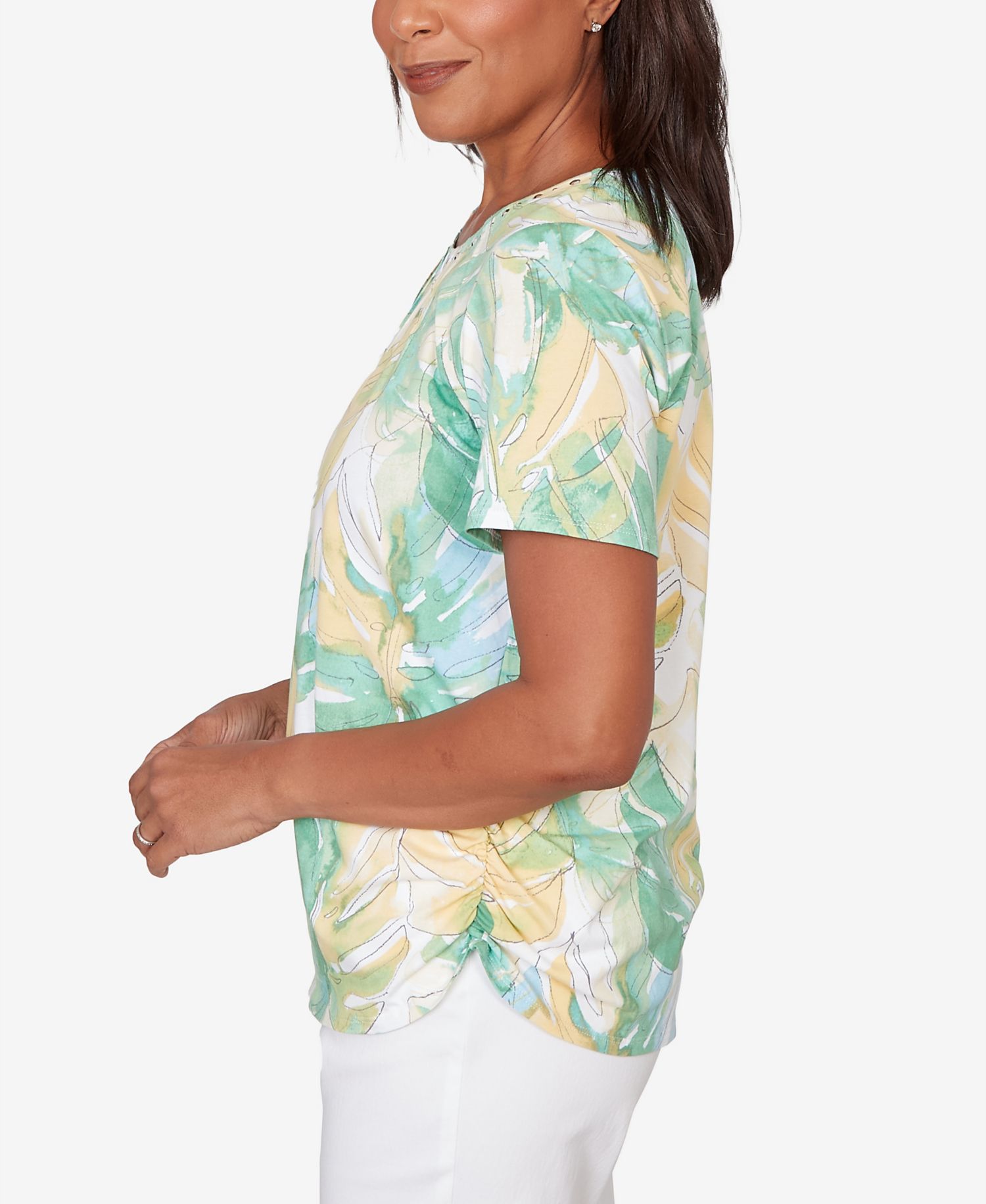 Women's Tropical Leaf Beaded Neck Ruched T-Shirt