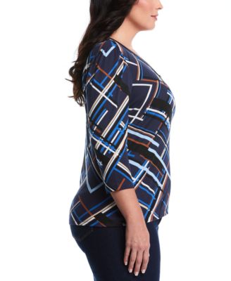 Plus Size Plus Size Tossed Stripe Print 3/4 Puff Sleeve V-Neck Top