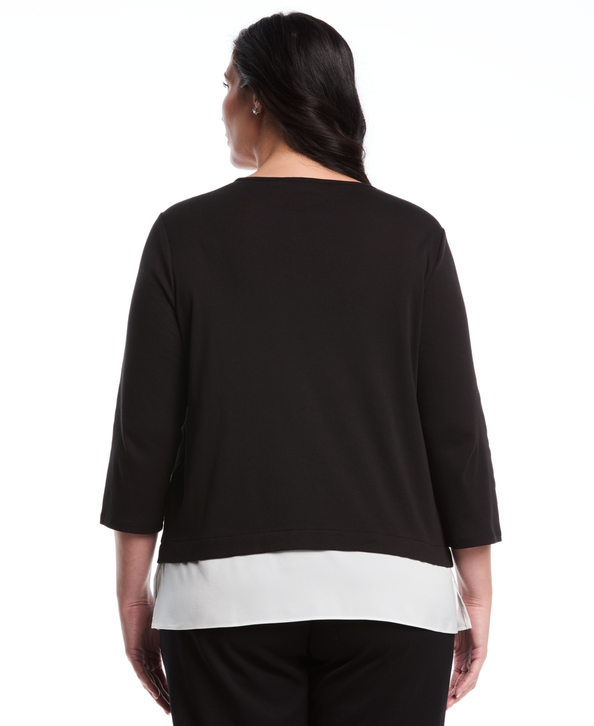 Rafaella Plus Rivet Detail Mixed Media Layered 3/4 Sleeve Top