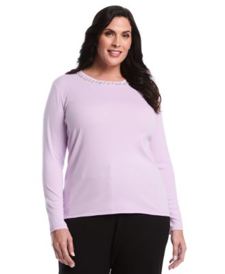 Plus Size Plus Size Embellished Neck Long Sleeve Top