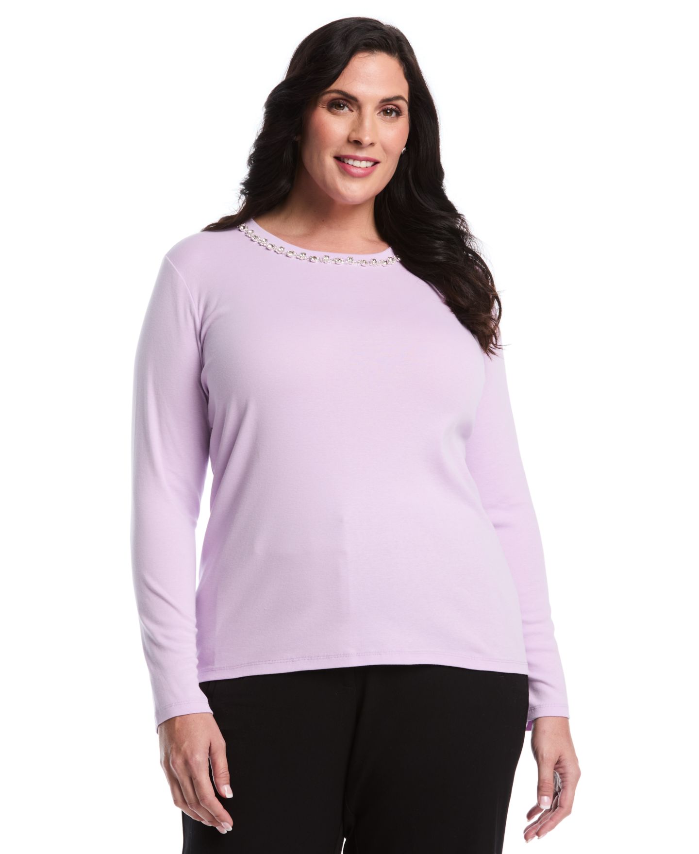 Женский топ Rafaella Plus Size Plus Size Embellished Neck Long Sleeve, цвет: Орхидея — фото 1