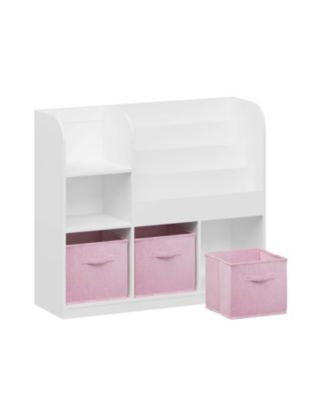 White/Pink Kids Bookcase with 3 Collapsible Fabric Drawers for Bedroom