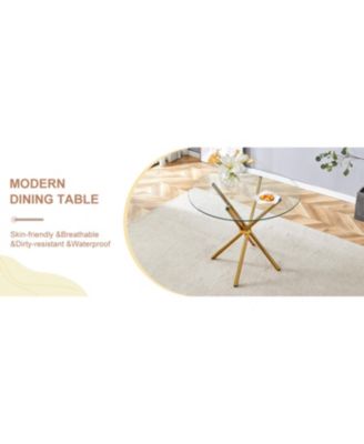 Round Clear Glass Dining Table with Gold Ring Legs