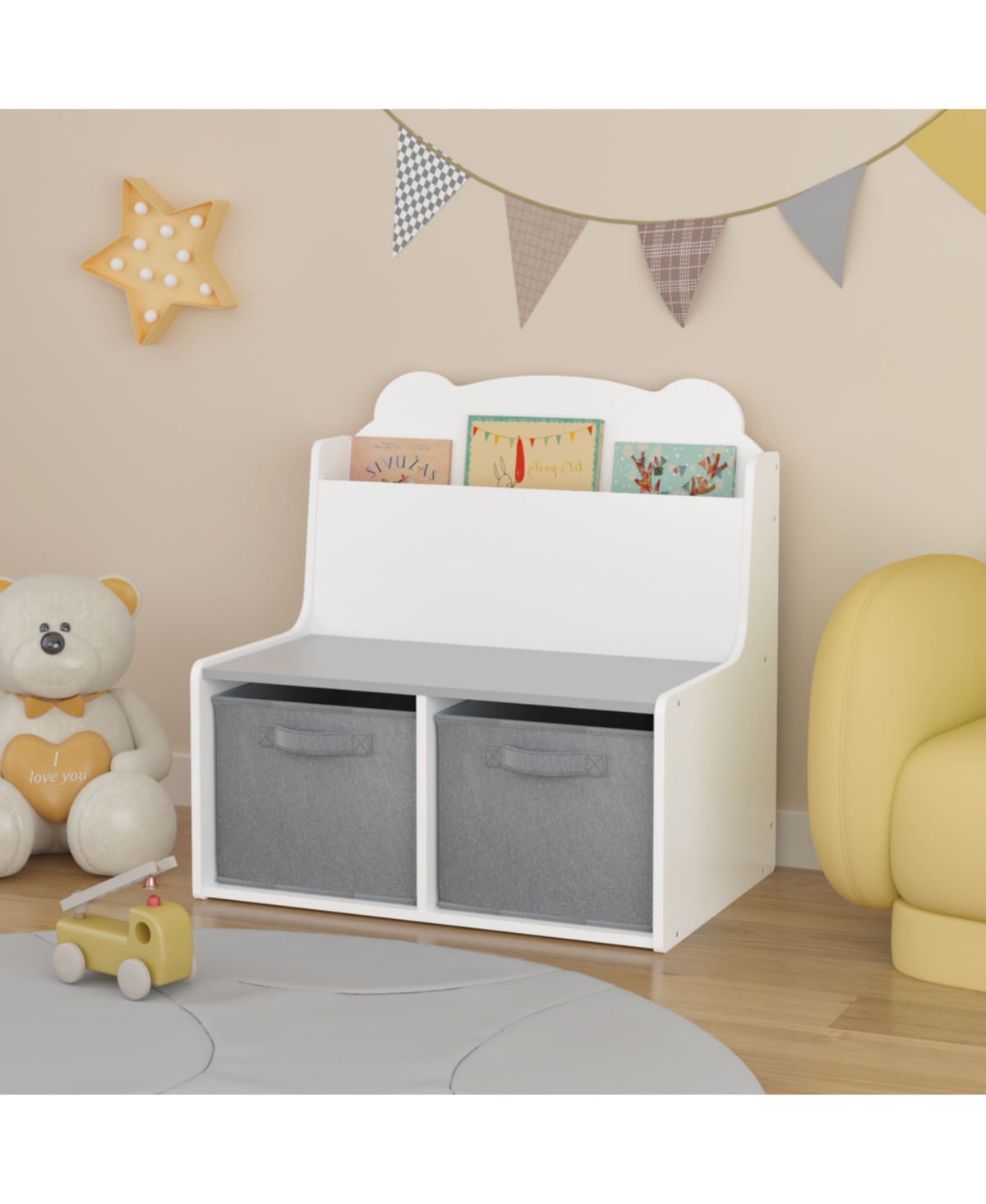Streamdale Furniture Kids Bookshelf with Storage Bins - Bear Design, White & Gray
