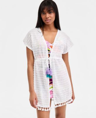Juniors' Crochet Tassel-Trimmed Tie-Front Kimono Cover-Up