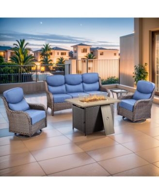 5-Piece PE Wicker Fire Pit Conversation Set with Olefin Cushions Patio Swivel Chairs and Couch