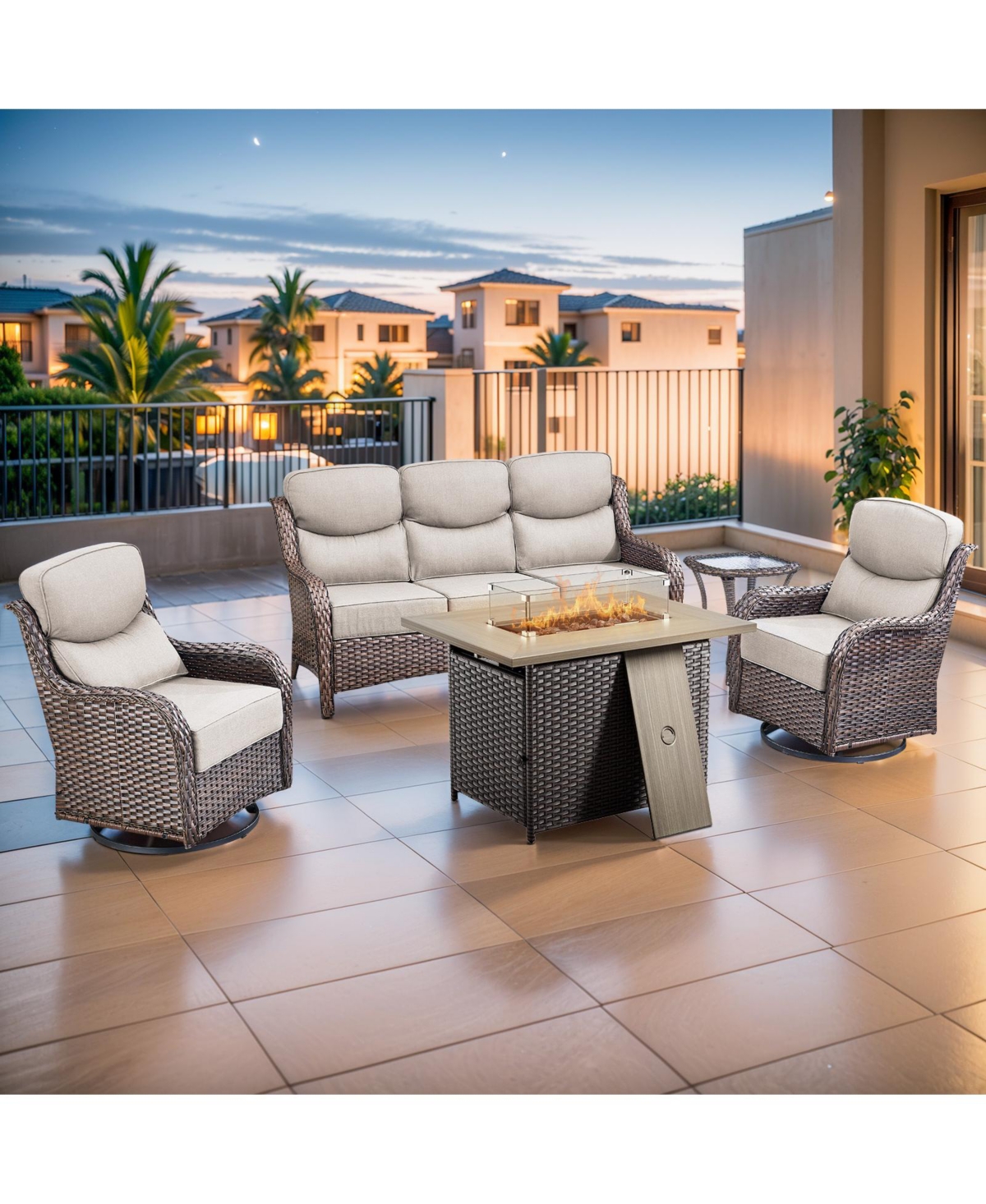 Gymojoy 5-Piece Pe Wicker Fire Pit Conversation Set with Olefin Cushions Patio Swivel Chairs Couch