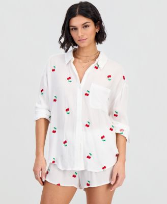 Women's Cherry Embroidered Button-Down Swim Shirt