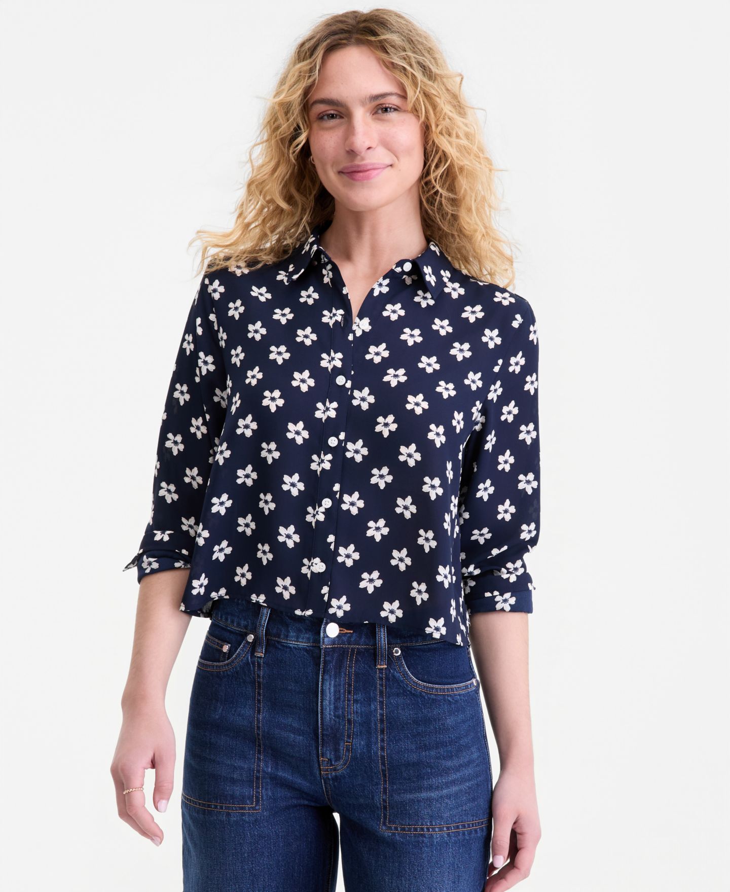 Женская рубашка On 34th Cropped Button-Down Crepe, цвет: Синий с принтом — фото 1