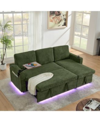 + Sofa Bed + Chenille + Pull-Out w/ Table, LED, USB & Cup Holders