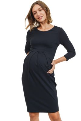 Maternity 3/4 Sleeve Round Neck Front Pleat Dress