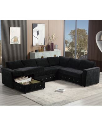 Sectional Sofa with Chaise, Modern U-Shaped Couch in Black Chenille