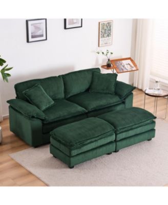 Corduroy 2-Seat Sofa with Pillows & Ottomans - Green