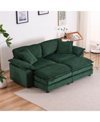Corduroy 2-Seat Sofa with Pillows & Ottomans - Green