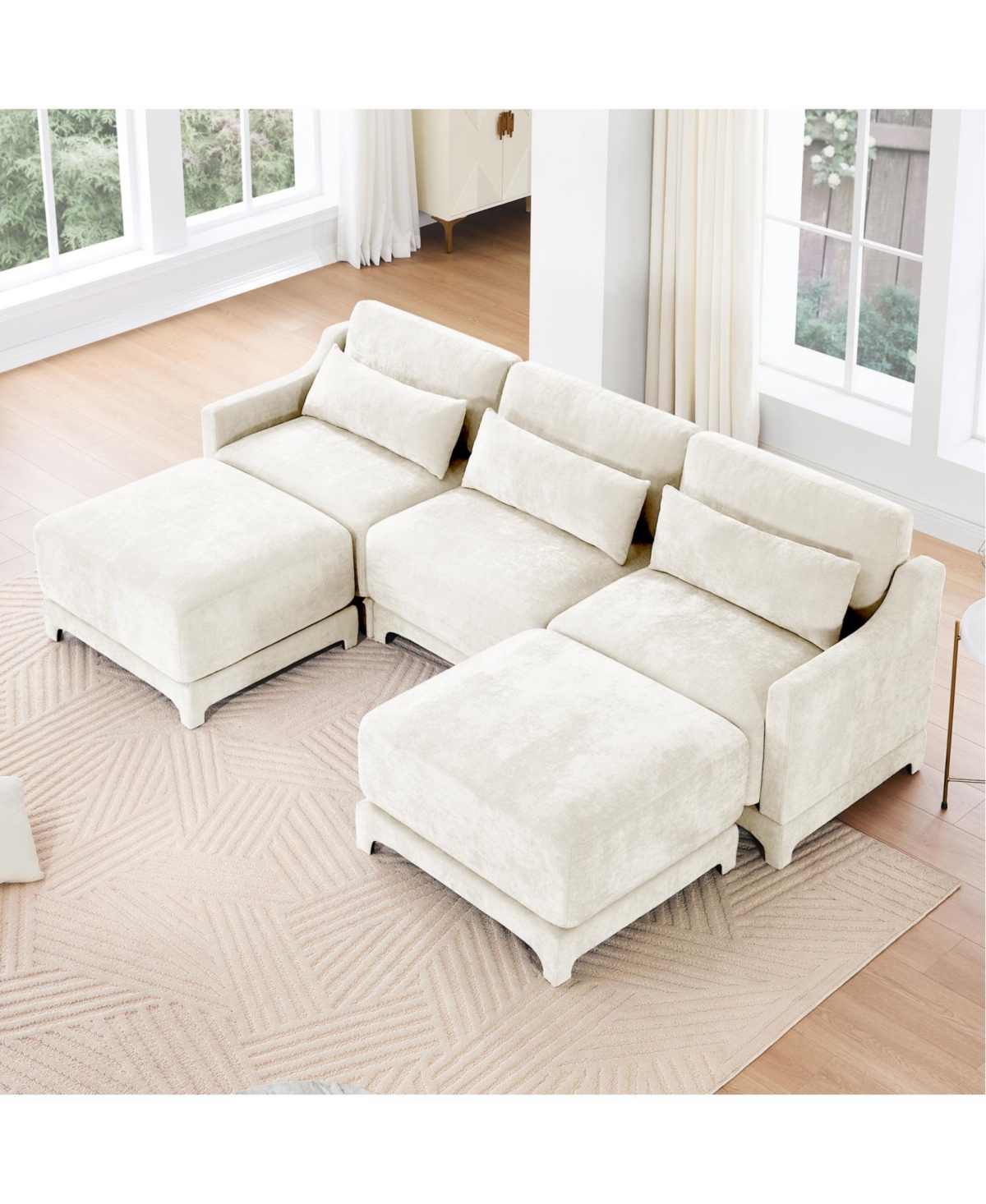 Streamdale Furniture Beige Chenille 3-Seater Sofa with Ottomans