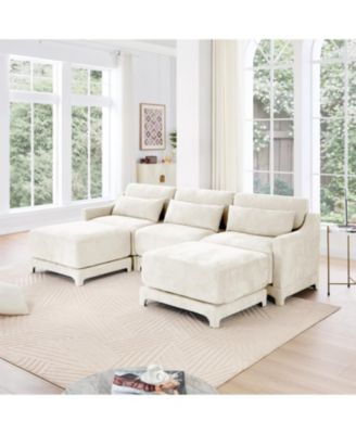 Beige Chenille 3-Seater Sofa with Ottomans