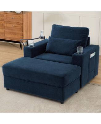 Modern Armchair Chaise Lounge Sofa w/ Ottoman, USB Ports, Cup & Phone Holders - Blue