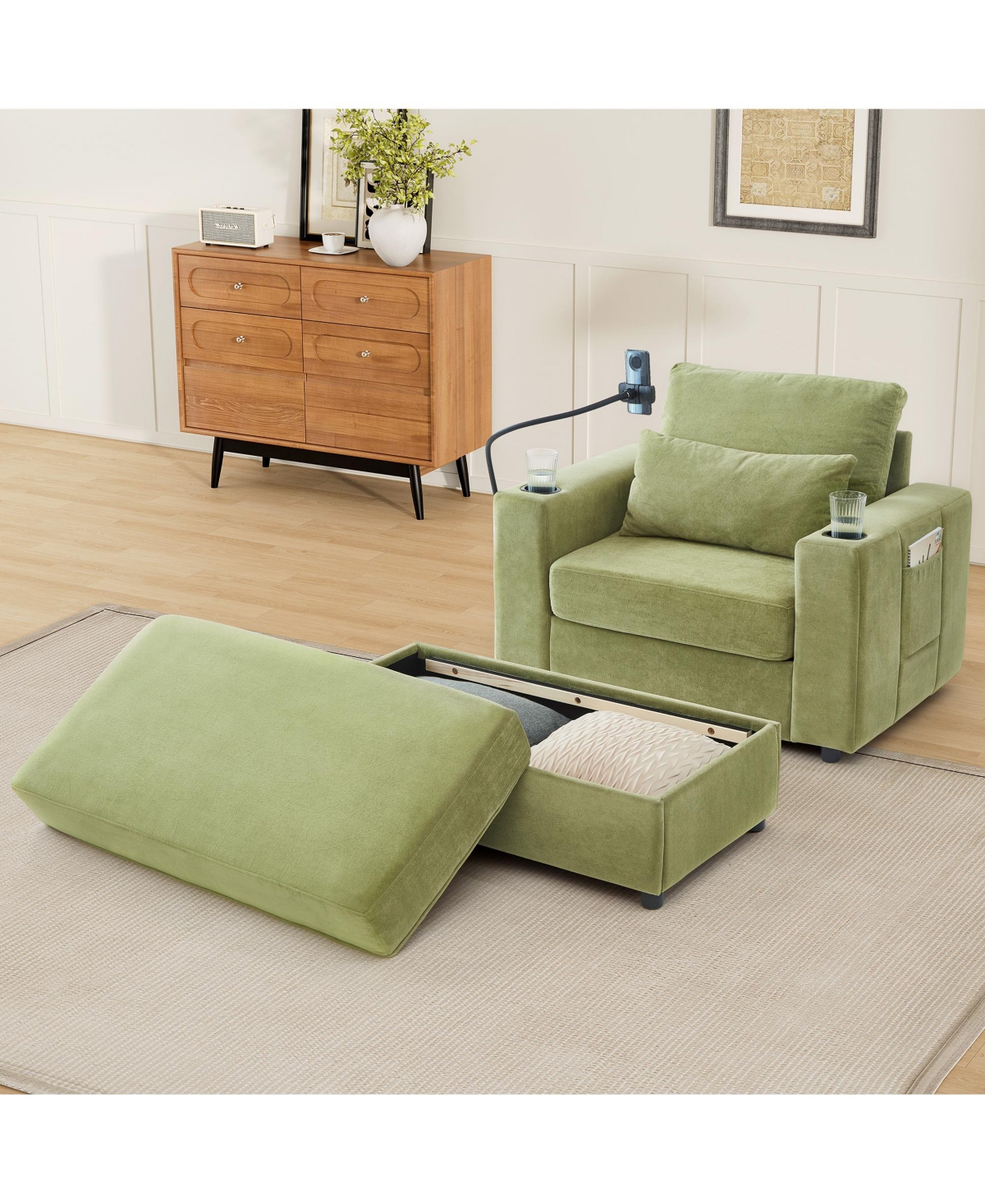 Streamdale Furniture Modern Green Armchair with Ottoman, Usb Ports & Cup Holders